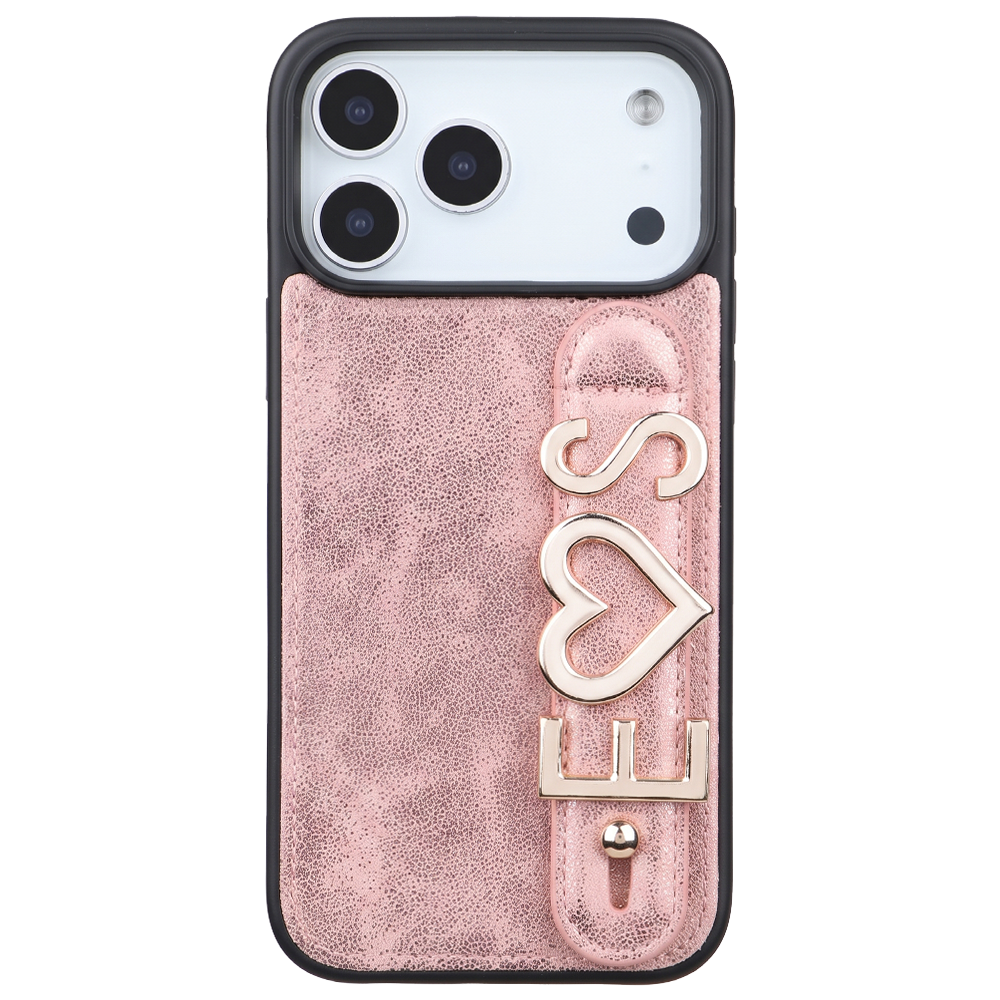 iPhone 17 Pro Kişiye Özel Harfli Deri Telefon Kılıfı Pembe