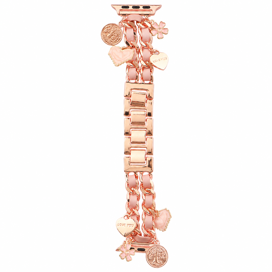 Apple Watch Saat Taşlı Kalp ve Çiçek Tasarımlı Şık Kordon Rose Gold
