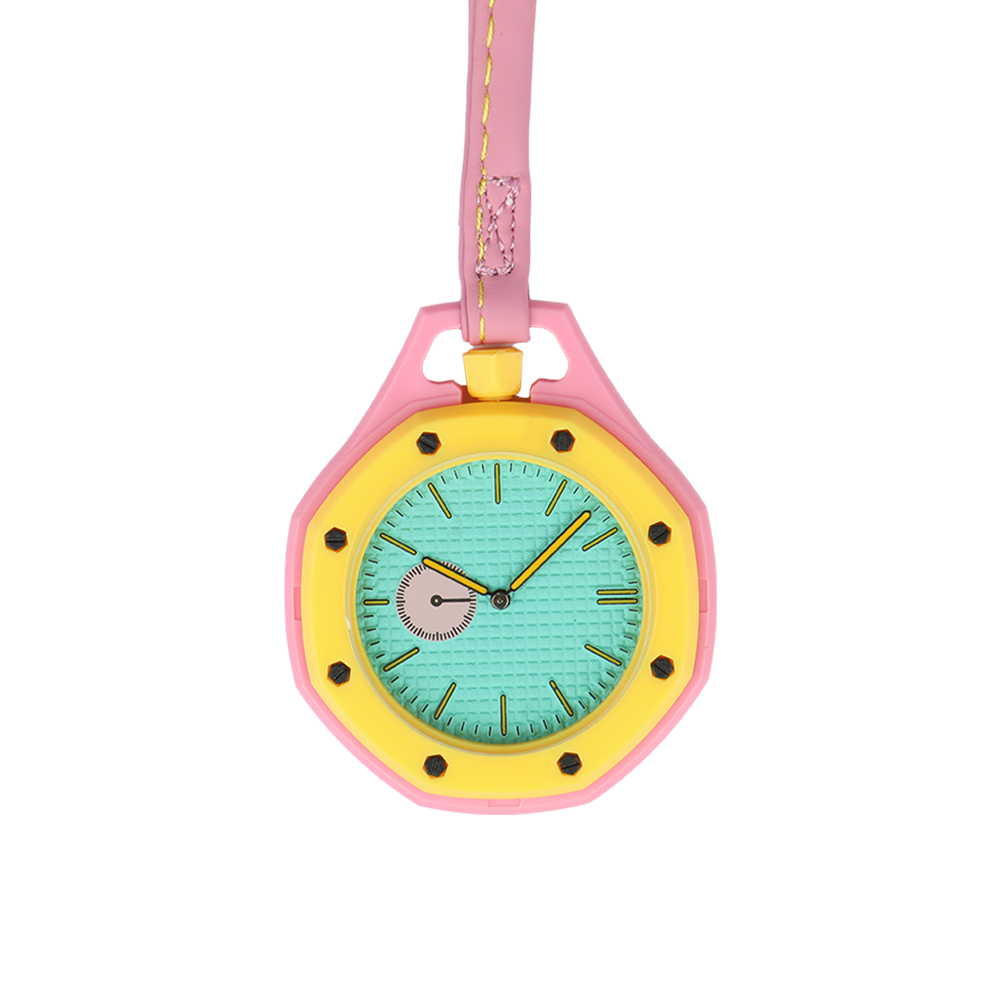 Oktagon Retro Tasarım Pembe Sarı Çanta Aksesuarı Askılı Saat - Pembe