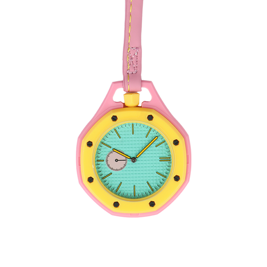 Oktagon Retro Tasarım Pembe Sarı Çanta Aksesuarı Askılı Saat - Pembe