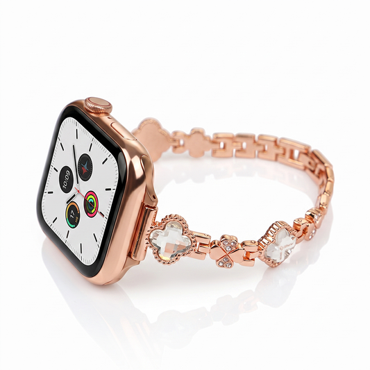 Apple Watch Saat Taşlı Yonca Tasarımlı Şık Kordon Rose Gold