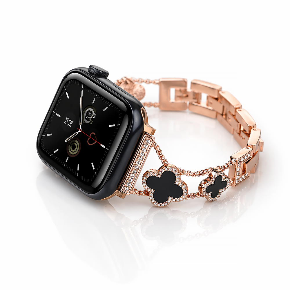 Apple Watch Saat Taşlı Siyah Yonca Tasarımlı Şık Kordon Gold