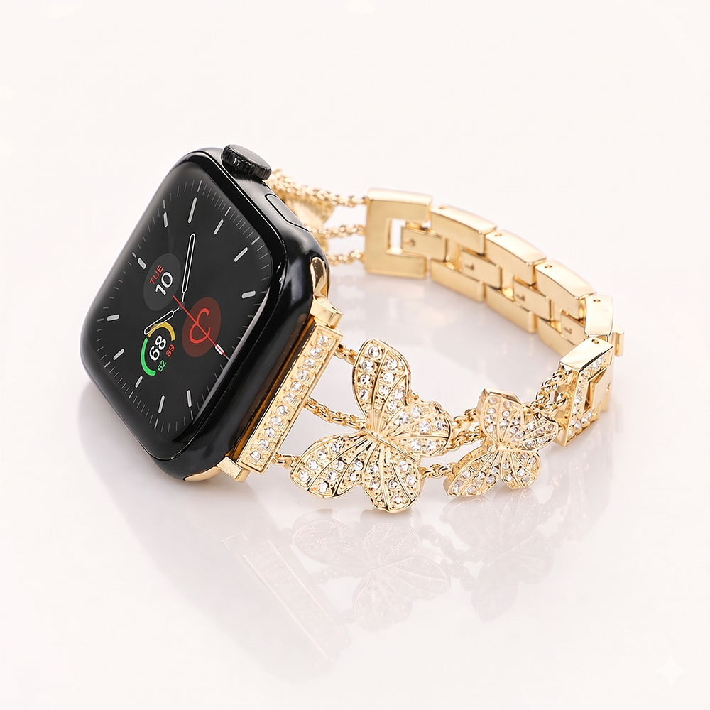 Apple Watch Saat Taşlı Kelebek Tasarımlı Şık Kordon Açık Gold