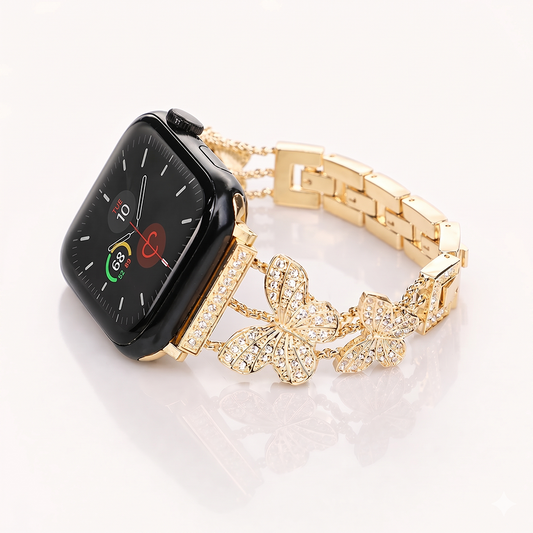 Apple Watch Saat Taşlı Kelebek Tasarımlı Şık Kordon Açık Gold
