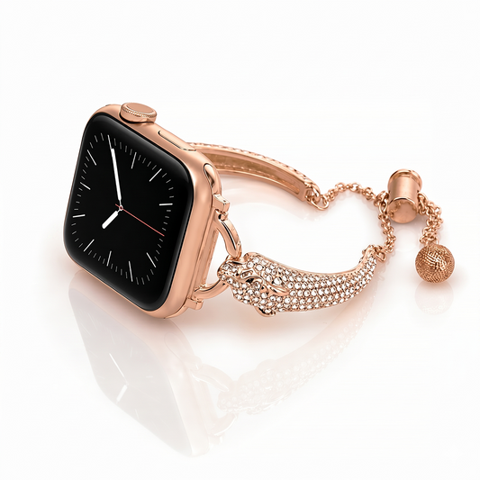Apple Watch Saat Jaguar Tasarımlı Şık Taşlı Kordon Gold