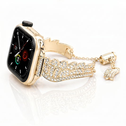 Apple Watch Saat Melek Kanadı Tasarımlı Şık Taşlı Kordon Açık Gold