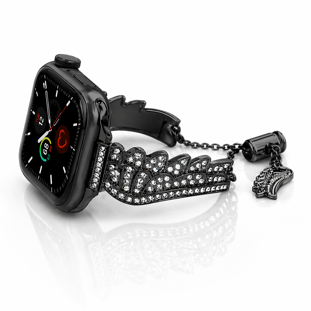 Apple Watch Saat Melek Kanadı Tasarımlı Şık Taşlı Kordon Siyah