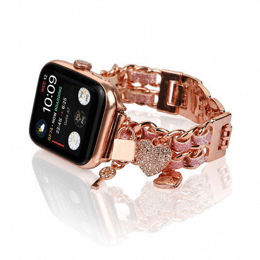 Apple Watch Saat Taşlı Anahtar Kilit Tasarımlı Şık Kordon Rose Gold