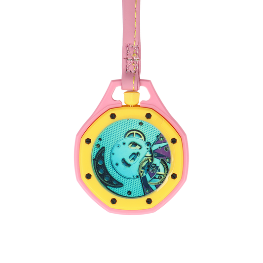 Oktagon Retro Tasarım Pembe Sarı Çanta Aksesuarı Askılı Saat - Pembe