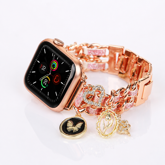 Apple Watch Saat Taşlı Kelebek Yılan Tasarımlı Şık Kordon Rose Gold