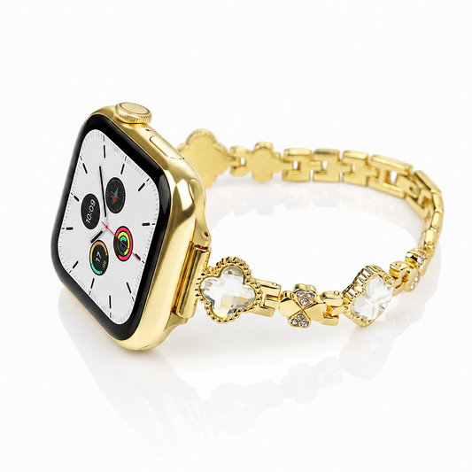 Apple Watch Saat Taşlı Yonca Tasarımlı Şık Kordon Gold