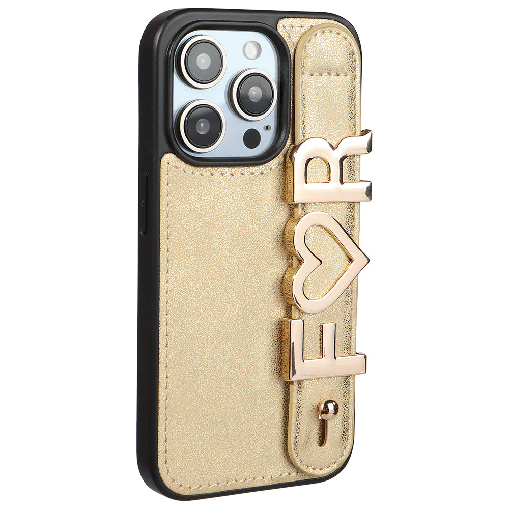iPhone 16 Pro Max Kişiye Özel Harfli Deri Telefon Kılıfı Gold