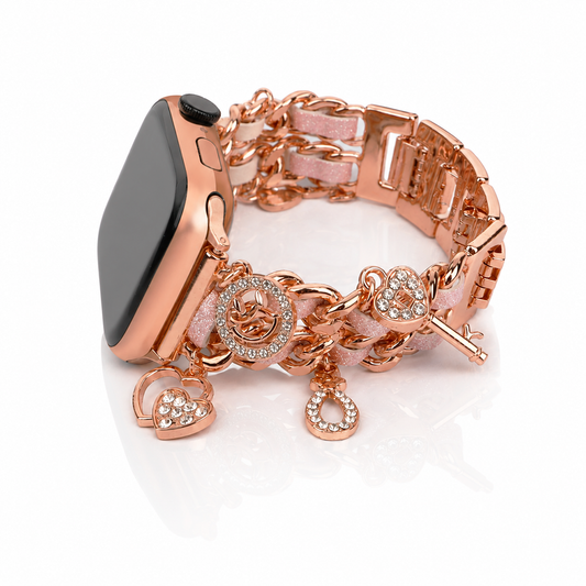 Apple Watch Saat Taşlı Kalp Tasarımlı Şık Kordon Rose Gold