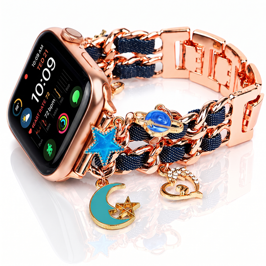 Apple Watch Saat Galaksi Charm Tasarımlı Şık Taşlı Kordon Rose Gold