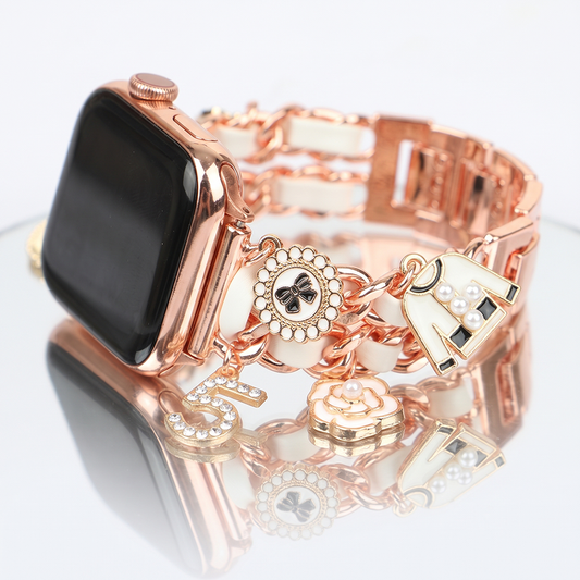 Apple Watch Saat Taşlı Gül ve İnci Tasarımlı Şık Kordon Rose Gold
