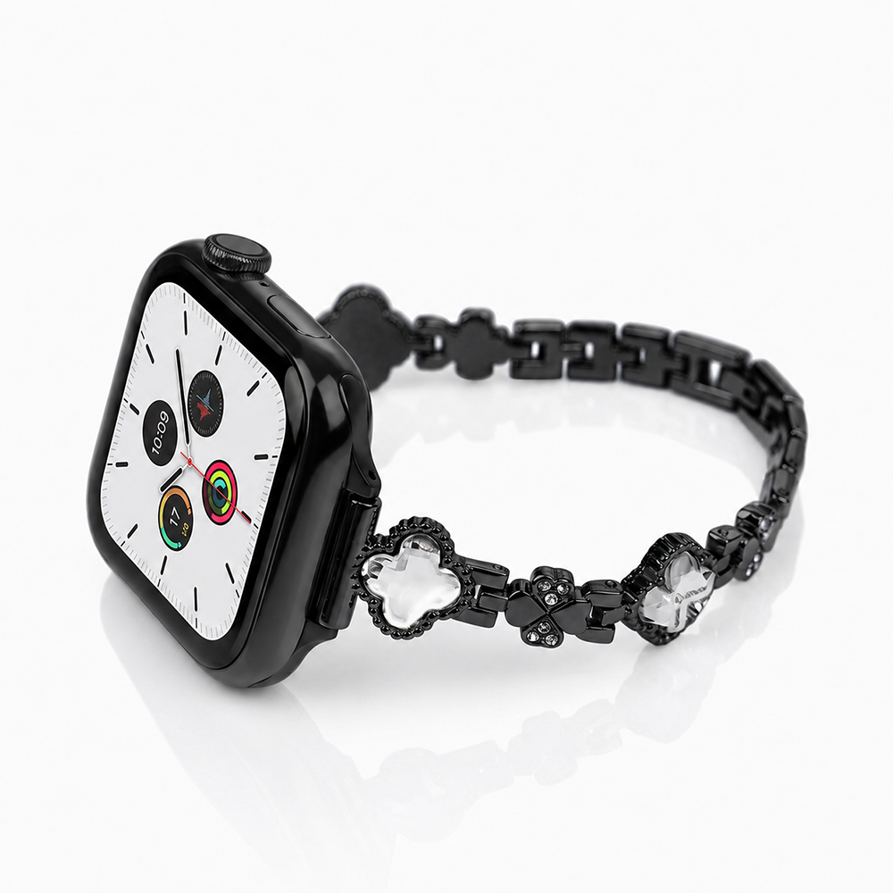 Apple Watch Saat Taşlı Yonca Tasarımlı Şık Kordon Siyah