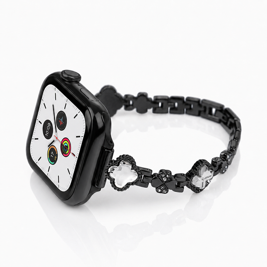 Apple Watch Saat Taşlı Yonca Tasarımlı Şık Kordon Siyah