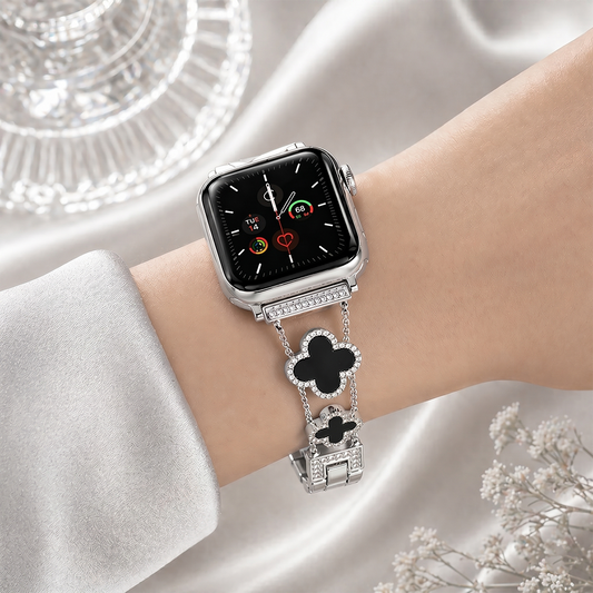 Apple Watch Saat Taşlı Siyah Yonca Tasarımlı Şık Kordon Silver