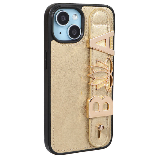 iPhone 13 Kişiye Özel Harfli Deri Telefon Kılıfı Gold