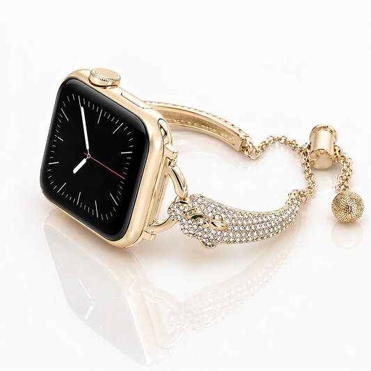 Apple Watch Saat Jaguar Tasarımlı Şık Taşlı Kordon Açık Gold