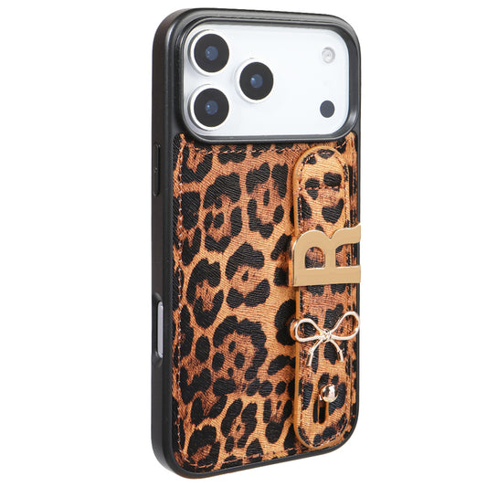 iPhone 17 Pro Max Kişiye Özel Harfli Deri Telefon Kılıfı Leopar