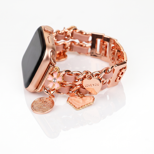 Apple Watch Saat Taşlı Kalp ve Çiçek Tasarımlı Şık Kordon Rose Gold