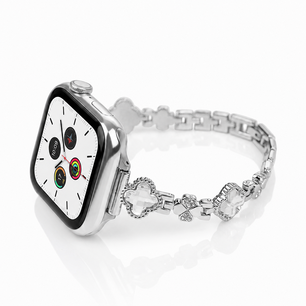 Apple Watch Saat Taşlı Yonca Tasarımlı Şık Kordon Silver