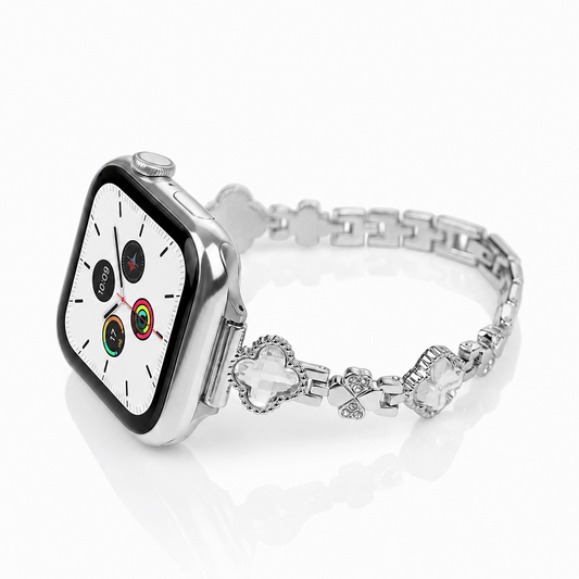 Apple Watch Saat Taşlı Yonca Tasarımlı Şık Kordon Silver