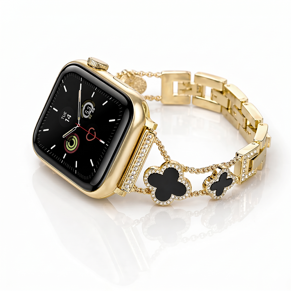 Apple Watch Saat Taşlı Siyah Yonca Tasarımlı Şık Kordon Açık Gold