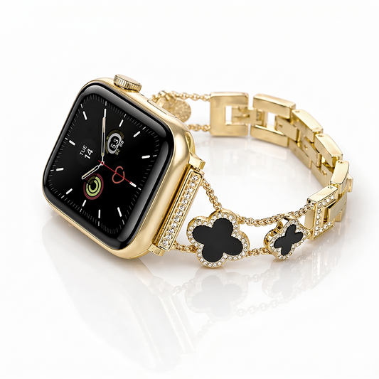 Apple Watch Saat Taşlı Siyah Yonca Tasarımlı Şık Kordon Açık Gold