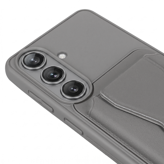 Samsung S26 Manyetik Standlı Kartlıklı Premium Deri Telefon Kılıf Gri
