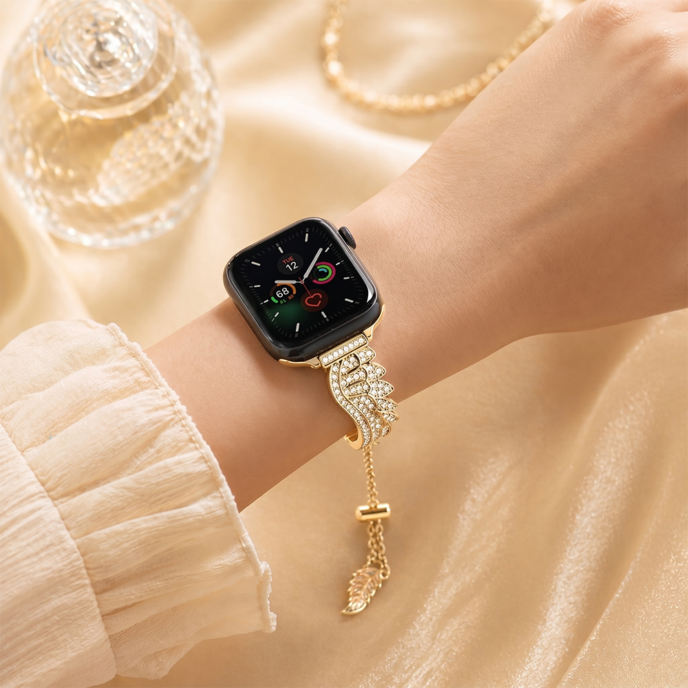 Apple Watch Saat Melek Kanadı Tasarımlı Şık Taşlı Kordon Açık Gold