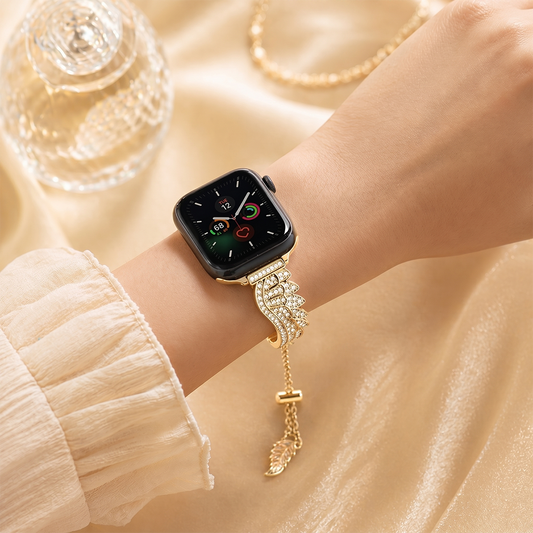 Apple Watch Saat Melek Kanadı Tasarımlı Şık Taşlı Kordon Açık Gold