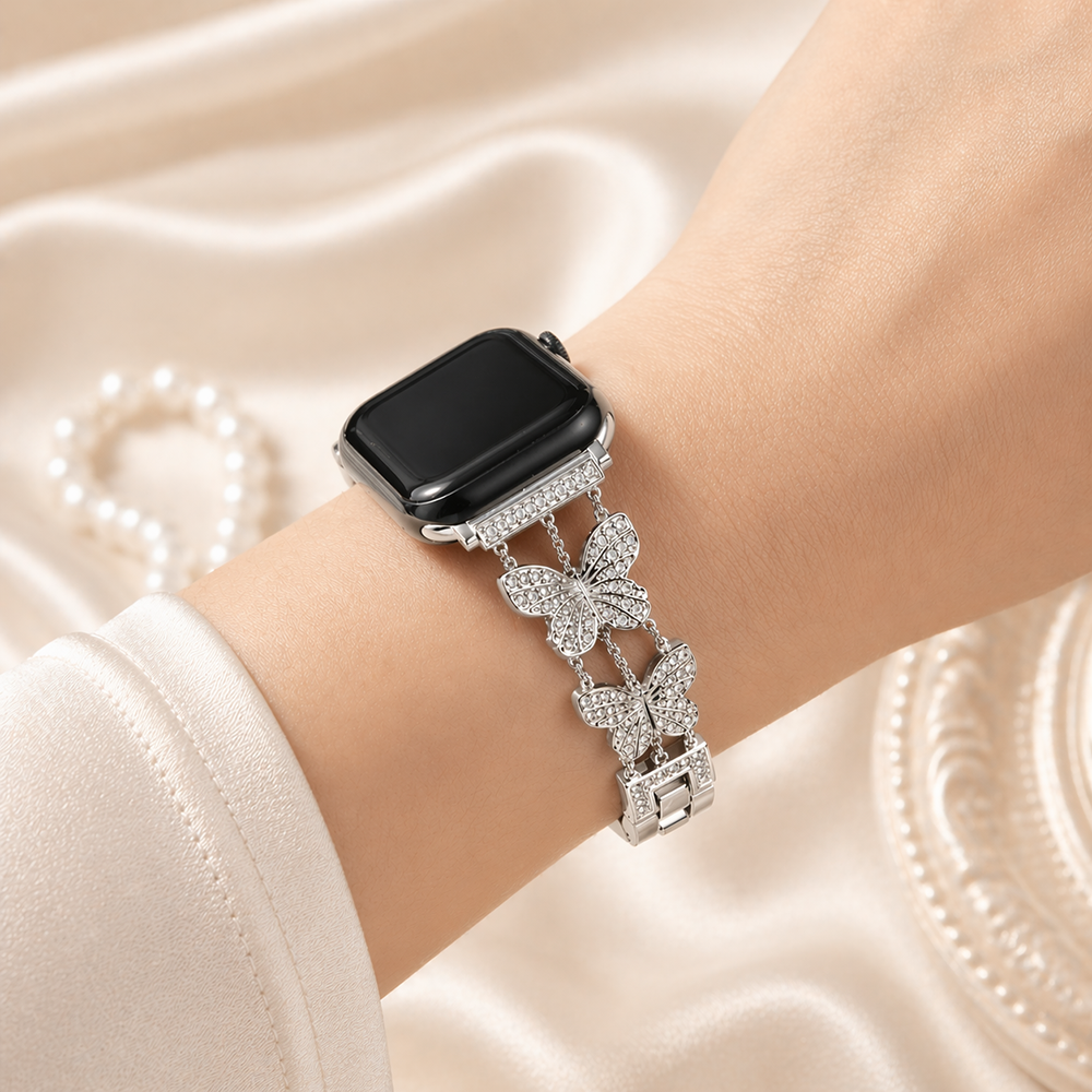 Apple Watch Saat Taşlı Kelebek Tasarımlı Şık Kordon Silver