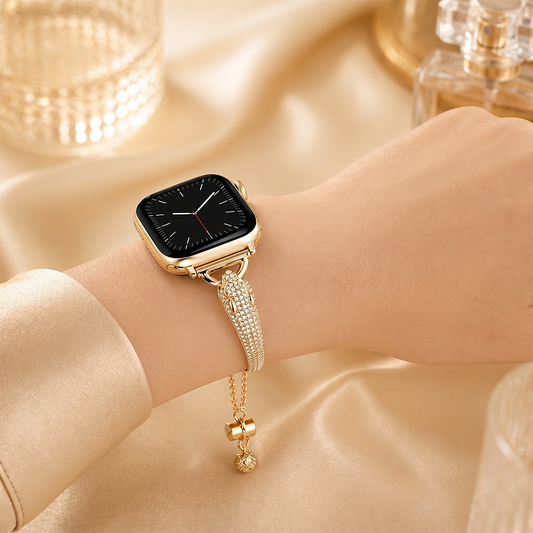 Apple Watch Saat Jaguar Tasarımlı Şık Taşlı Kordon Açık Gold