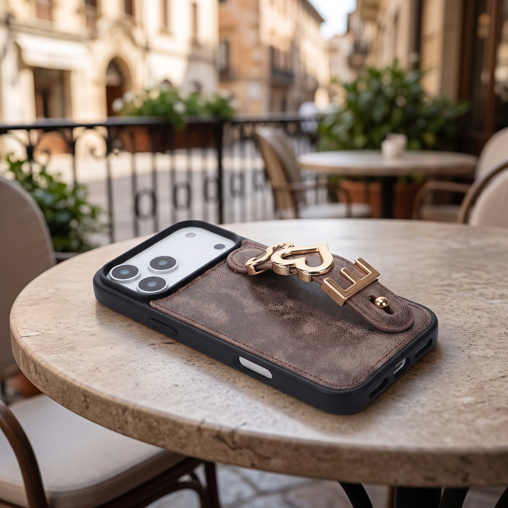 iPhone 17 Pro Kişiye Özel Harfli Deri Telefon Kılıfı Kahverengi
