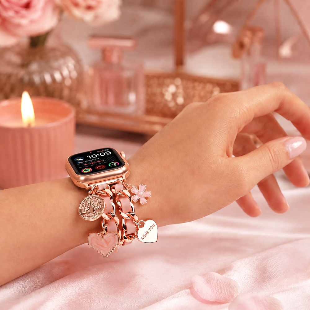 Apple Watch Saat Taşlı Kalp ve Çiçek Tasarımlı Şık Kordon Rose Gold