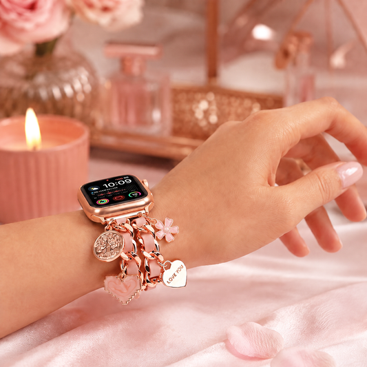 Apple Watch Saat Taşlı Kalp ve Çiçek Tasarımlı Şık Kordon Rose Gold