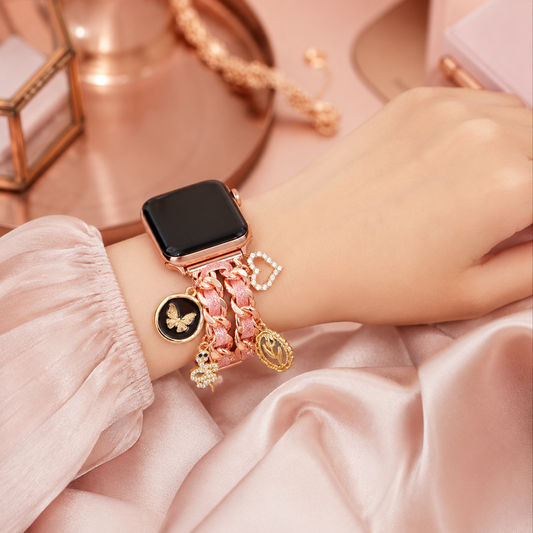 Apple Watch Saat Taşlı Kelebek Yılan Tasarımlı Şık Kordon Rose Gold