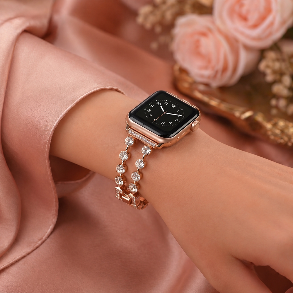 Apple Watch Saat Çift Sıra Taşlı Tasarım Şık Kordon Gold