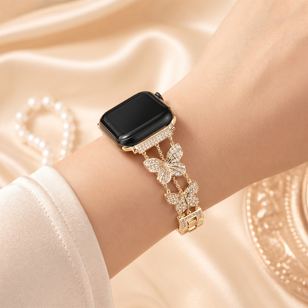 Apple Watch Saat Taşlı Kelebek Tasarımlı Şık Kordon Açık Gold