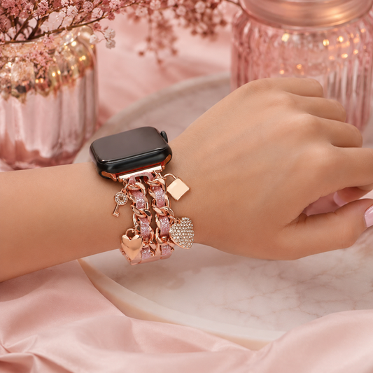 Apple Watch Saat Taşlı Anahtar Kilit Tasarımlı Şık Kordon Rose Gold