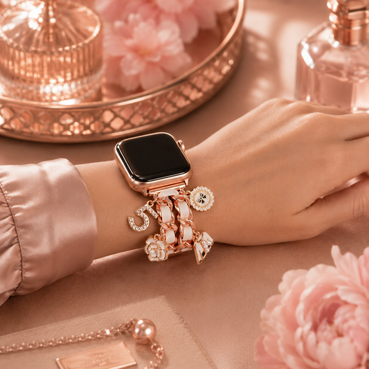 Apple Watch Saat Taşlı Gül ve İnci Tasarımlı Şık Kordon Rose Gold