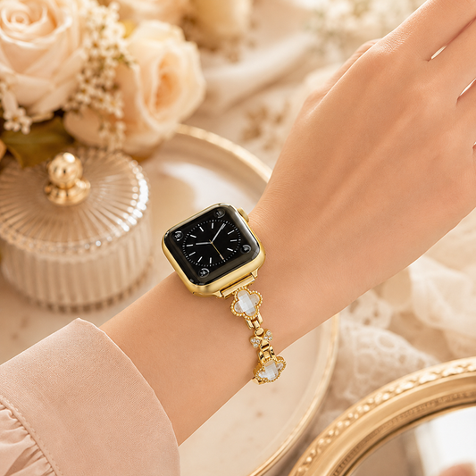 Apple Watch Saat Taşlı Yonca Tasarımlı Şık Kordon Gold
