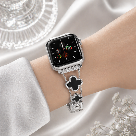 Apple Watch Saat Taşlı Siyah Yonca Tasarımlı Şık Kordon Silver