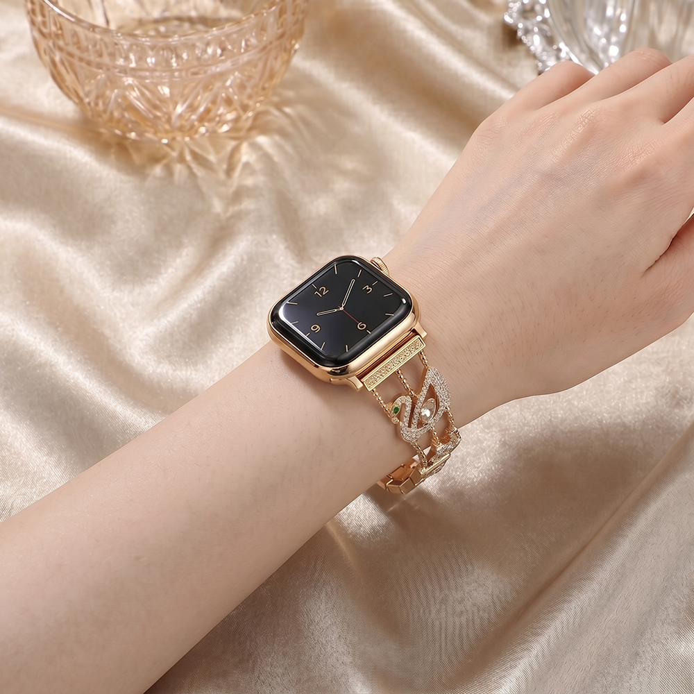 Apple Watch Saat Taşlı Kuğu Tasarımlı Şık Kordon Gold