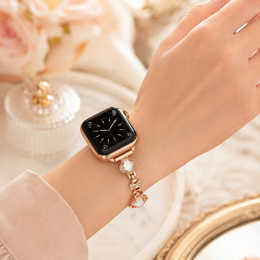 Apple Watch Saat Taşlı Yonca Tasarımlı Şık Kordon Rose Gold