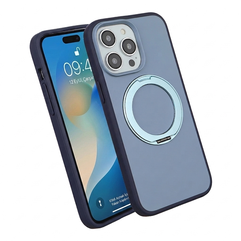 Apple iPhone 15 Pro Max Magsafe Premium Standlı Fonksiyonel Telefon Kılıfı Mavi