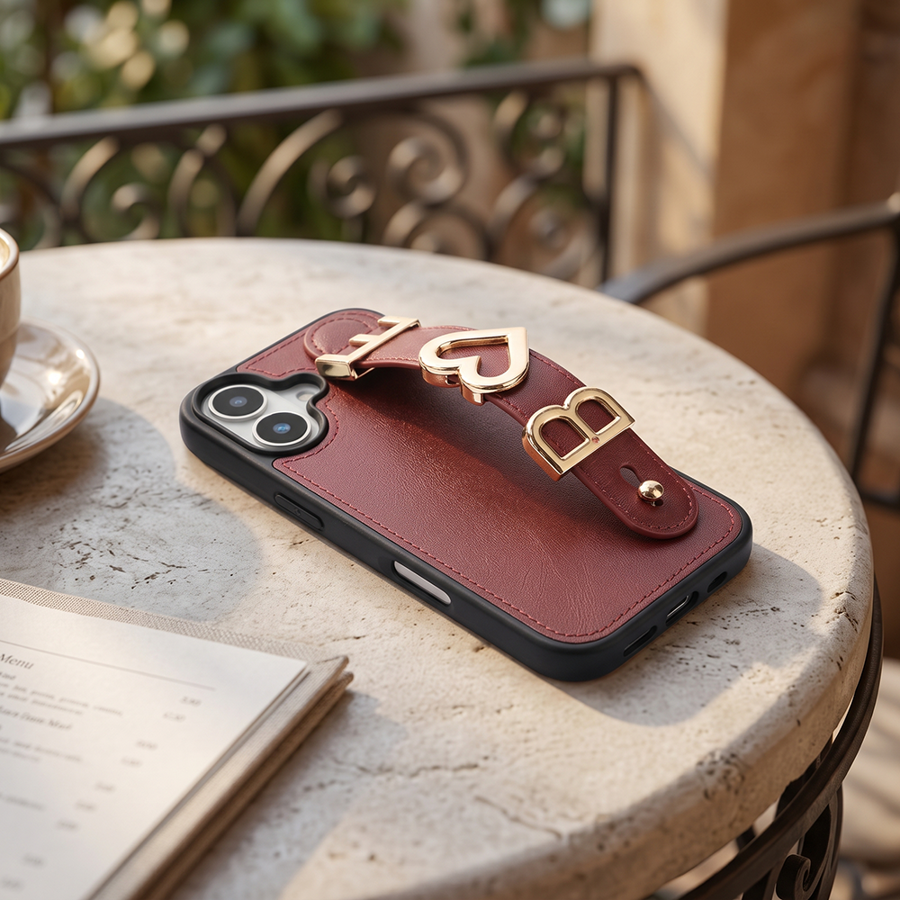 iPhone 17 Kişiye Özel Harfli Deri Telefon Kılıfı Bordo