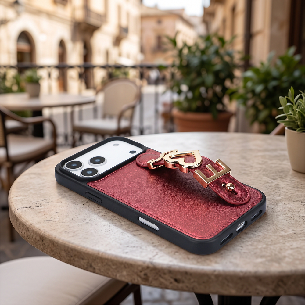 iPhone 18 Pro Max Kişiye Özel Harfli Deri Telefon Kılıfı Bordo